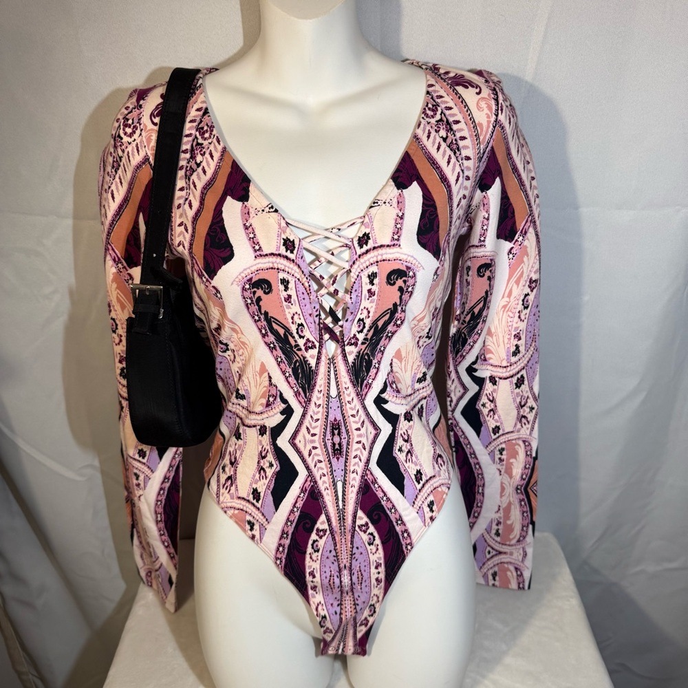 Free People Lace Up Long Sleeve‎ Boho Paisley Bodysuit Y2K Small